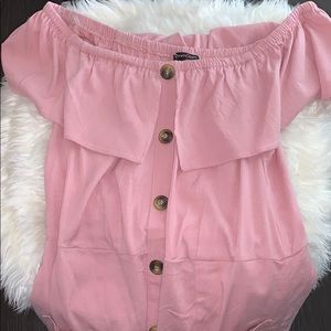 Juniors pink button off the shoulders dress